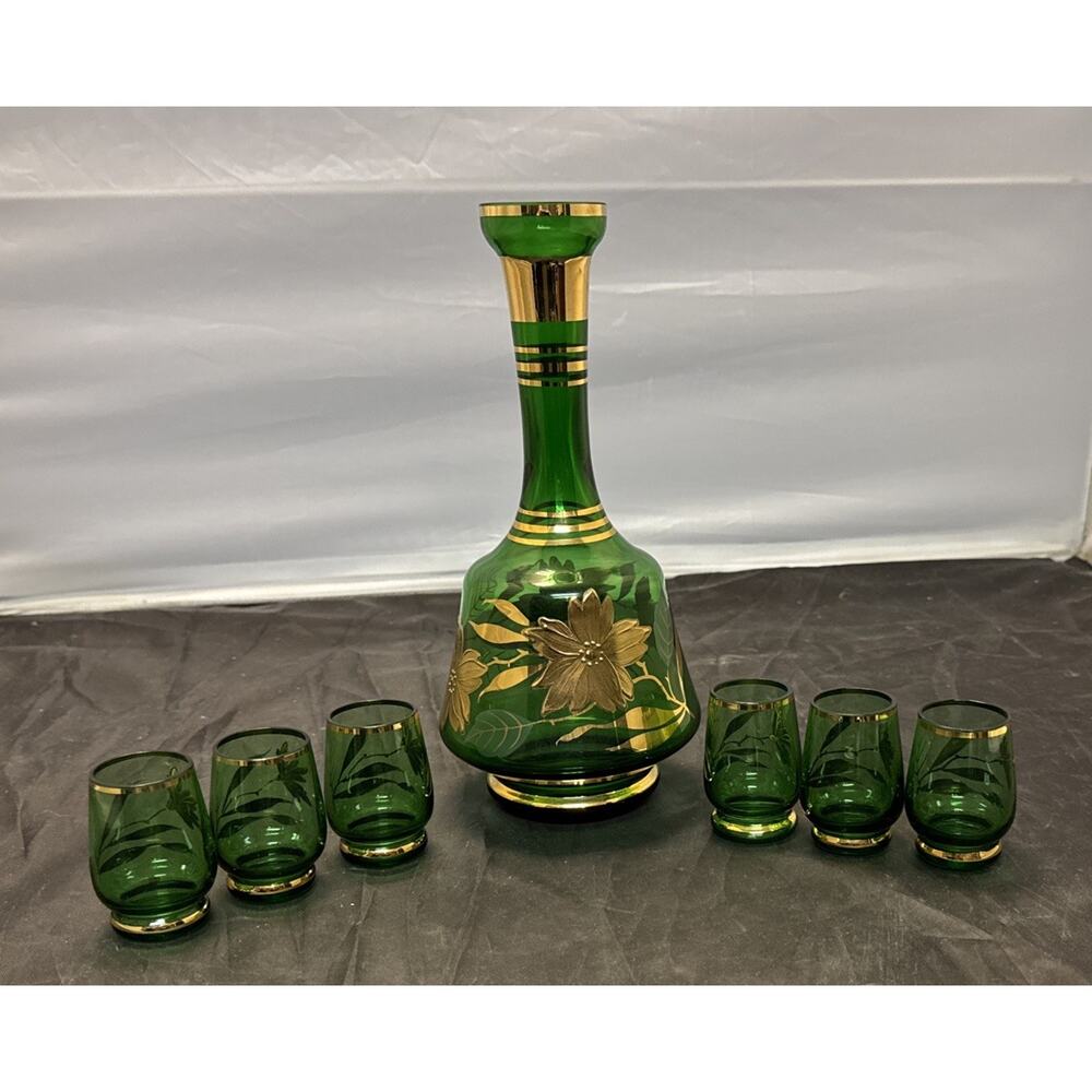 Vintage MCM Rossini Empoli Green Gold Floral Decanter Set & 6 Shot Glasses Italy